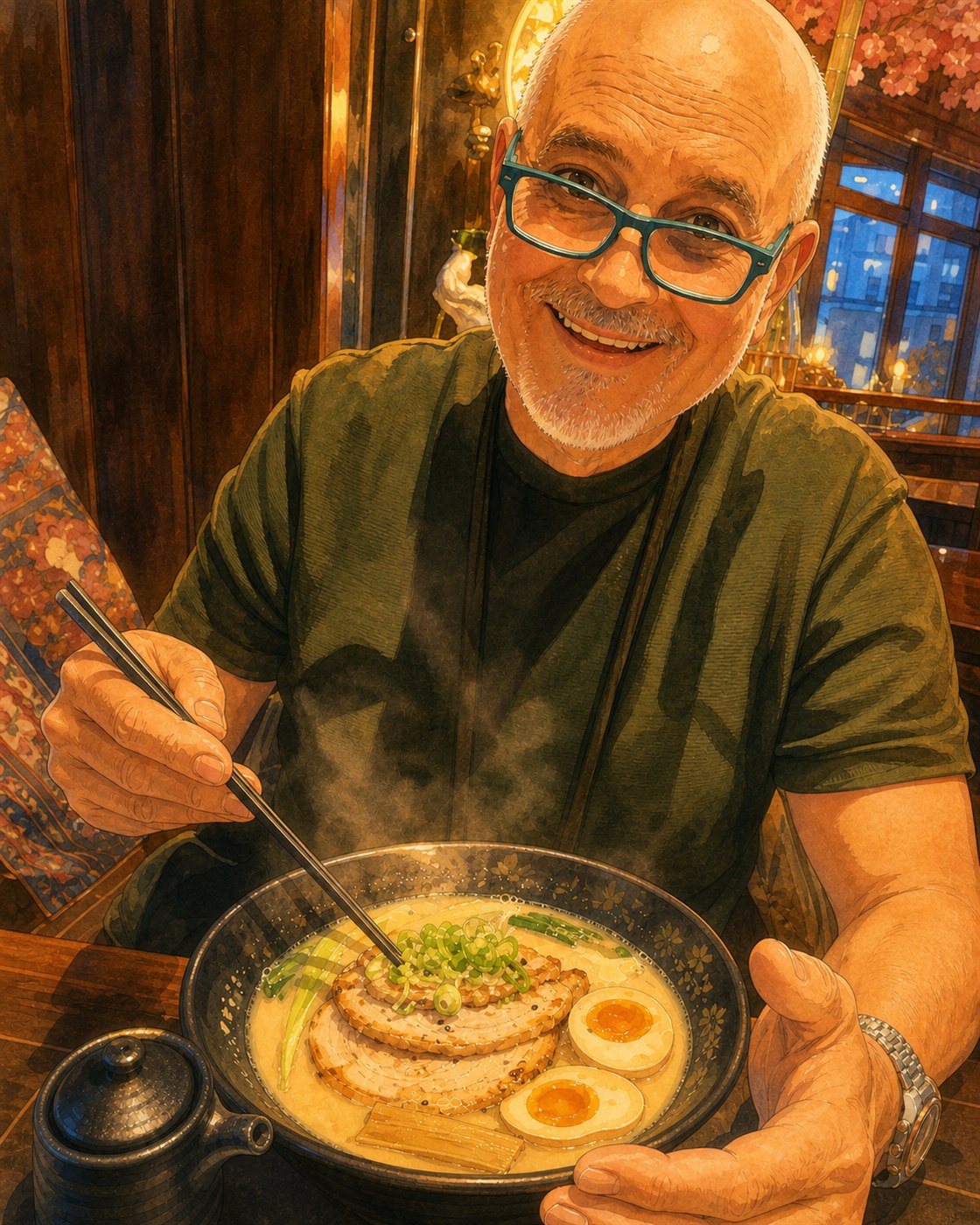 Papi lächelt und präsentiert eine Schale Ramen
